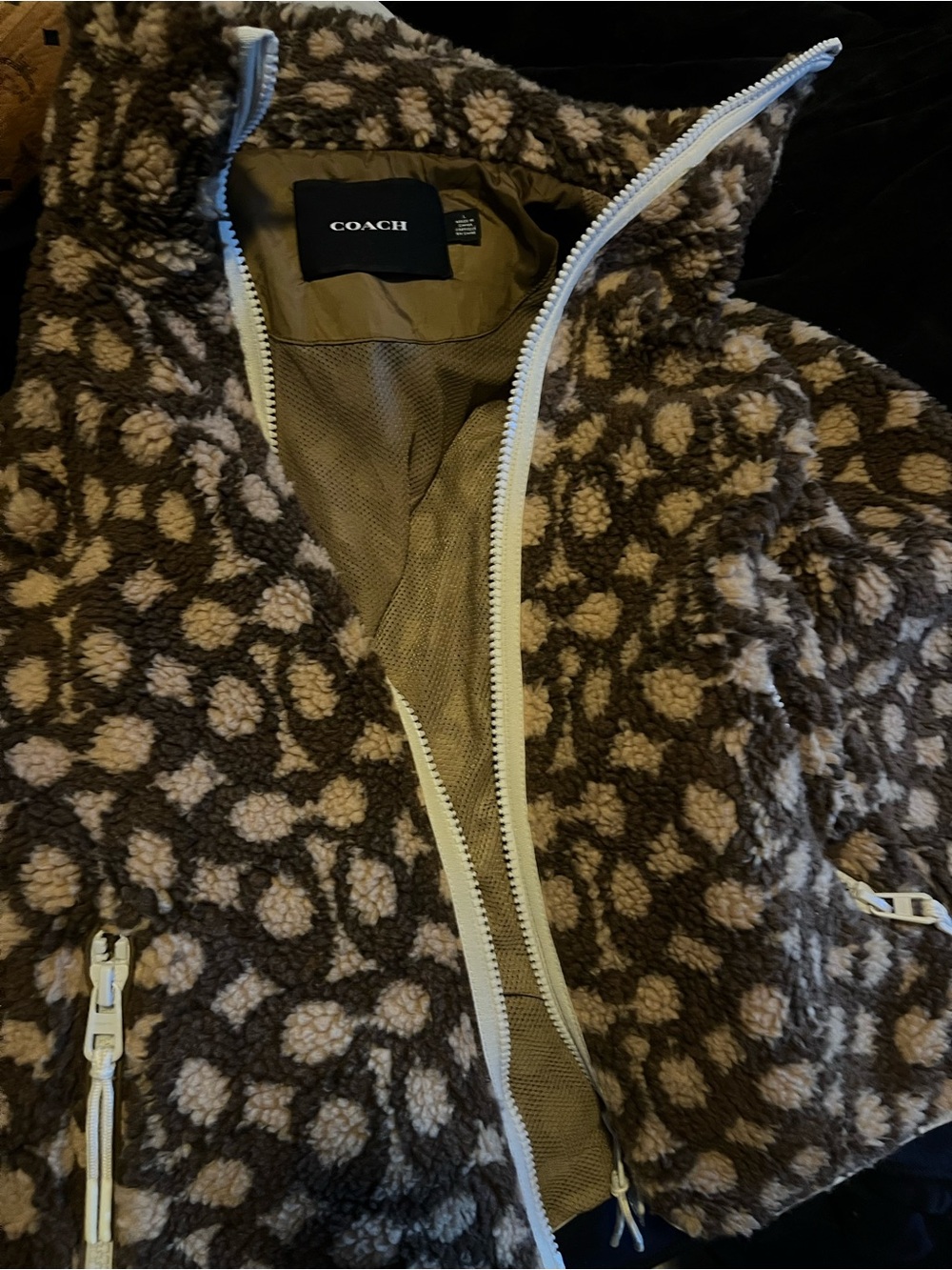 COACH Brown & Cream Patterned Teddy Sherpa Zip Jacket